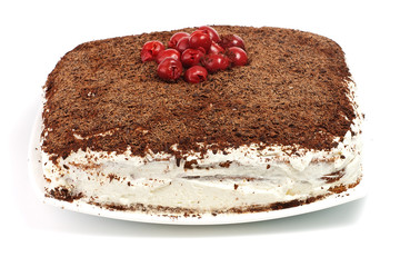 homemade cram cake with chocolate and cherries