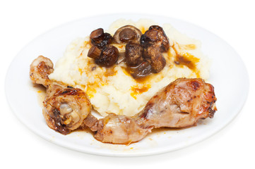 chicken, mashed potatoes and mushrooms on white
