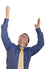 Businessman standing with his arms stretched on the white backgr