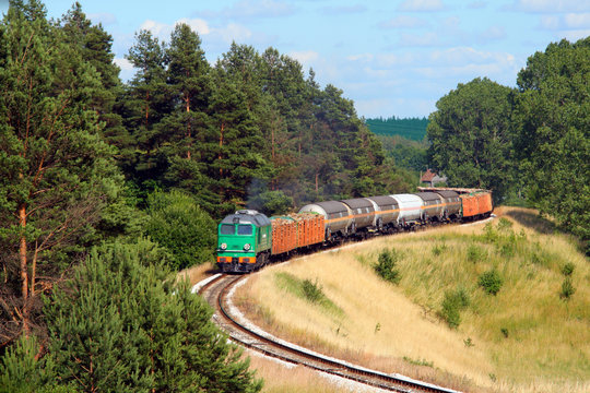Fototapeta Freight train passing the forest