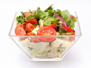 Vegetable salad with cheese, with cherry tomatoes, red onion