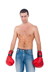 Young man with boxing gloves isolated on white