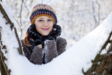 Beautiful young red-haired woman in winter park