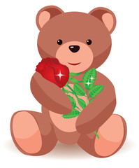 Teddy bear holding red rose. vector illustration