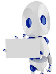 small robot holding and presenting a blank card