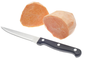 Sliced Sweet Potatoes with Knife