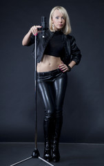 beautiful blonde with a microphone