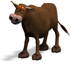 cute and funny cartoon bull. 3D rendering with clipping path