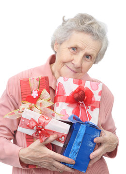 old lady and boxes with gifts