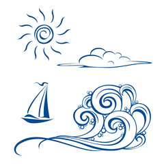 Fototapeta na wymiar Boat waves, clouds and sun