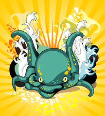 octopus sea monster cartoon vector