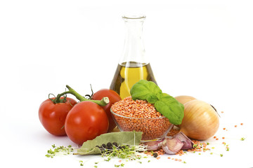 fresh vegetables, lentils, spices and olive oil