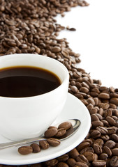 cup of coffee and beans isolated on white