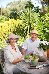 Senior couple sitting in their garden