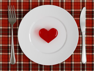 Three dimensional image of the heart on a plate. Valentine's Day