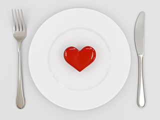 Fototapeta na wymiar Trójwymiarowy obraz serca na talerzu. Walentynki