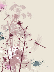 Grunge background with flowers and dragonfly