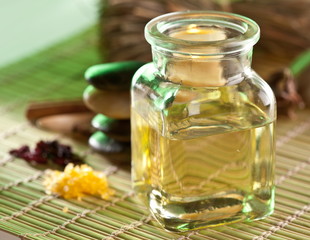 Still life with massage oil in the spa salon
