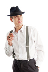 young gangster man with cigare on white background
