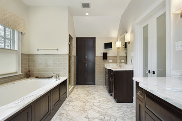 Master bath with dark wood cabinetry