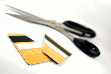 the pieces of credit card and scissors