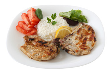 grilled pork with boiled rice and vegetables