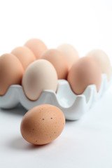 Brown chicken eggs in a ceramic egg holder