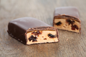Chocolate bar with caramel and raisins