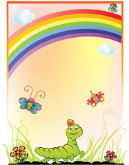 Muurstickers Regenboog kinderachtergrond met een regenboog, rups en vlinder