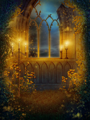 Okno w ruinach zamku ze świecami - obrazy, fototapety, plakaty