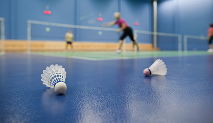 badminton - badminton courts with players competing; shuttlecock