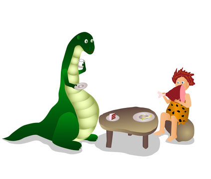 Dino and human have a meal