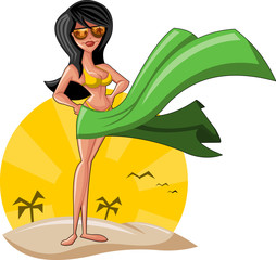 Beautiful cartoon woman  wearing bikini on the beach