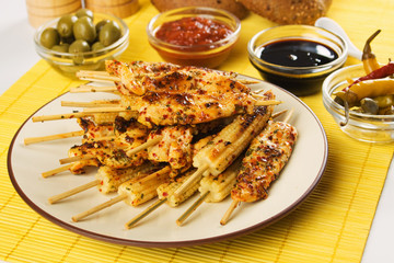 Asian style chicken meat and baby corn skewer