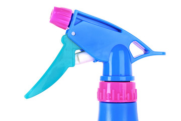 Blue spray bottle on white