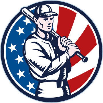 Baseball Player Holding Bat American Flag