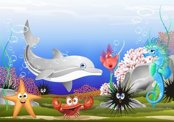 Animali Mare Sfondo Marino-Sea Animals Background-Vector - obrazy, fototapety, plakaty