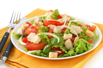 vegetable salad with boiled chicken on a plate