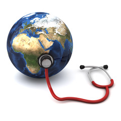 red stethoscope around a globe  isolated
