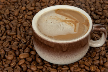 Coffee cup on coffee beans
