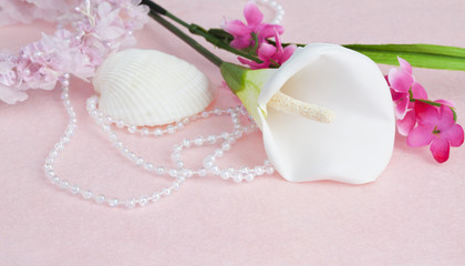 Flowers, Pearl Necklace,and Sea Shell on Pink, Spa Concept