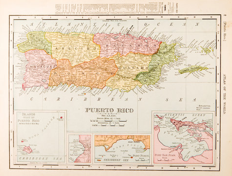 Antique Vintage Color Map of Puerto Rico
