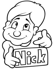 Boy and Name Badge - Black and White Cartoon illustration