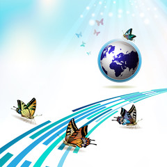 Blue earth with butterflies and stripes over sky background