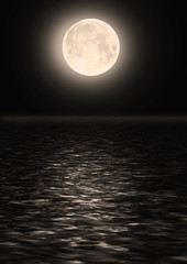 The full moon in the night sky over water