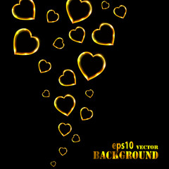 Abstract flying golden hearts on black background