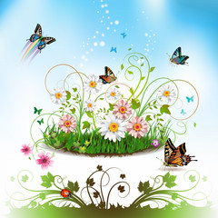 Flowers in the grass and butterflies