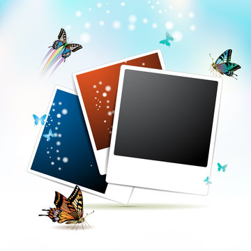 Photos collection with butterflies over sky background