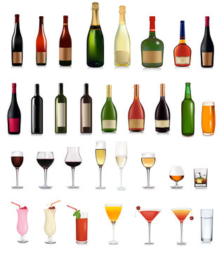 set of different bottles, drinks and cocktails. Vector