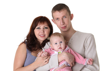 smiling family - mother, father and child isolated on white